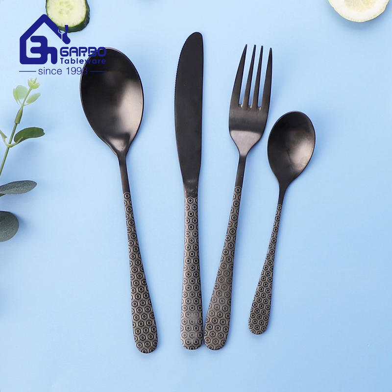 Handmade Electronic-Plating Matt Black Stainless Steel Cutlery Set Metal Flatware Set with Decorative Laser Handle Silverware Set Dessert Spoon Knife Fork