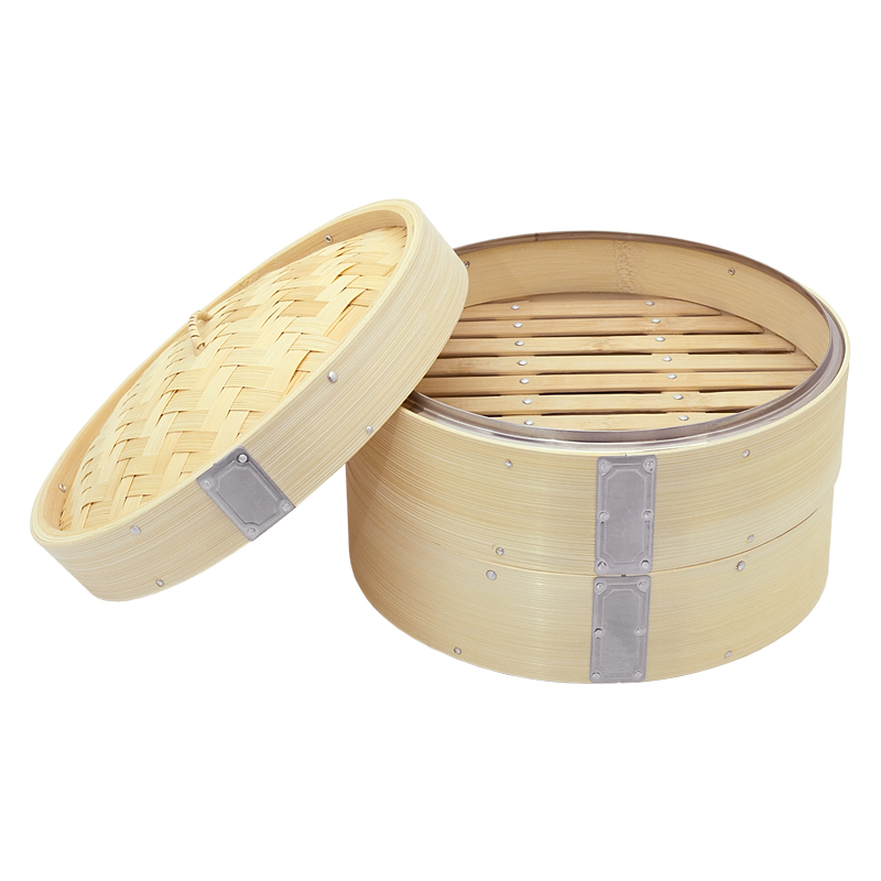 10-Inch Natural Bamboo Bun Steamer Food Steamer Bamboo Steamer with Metal Rim