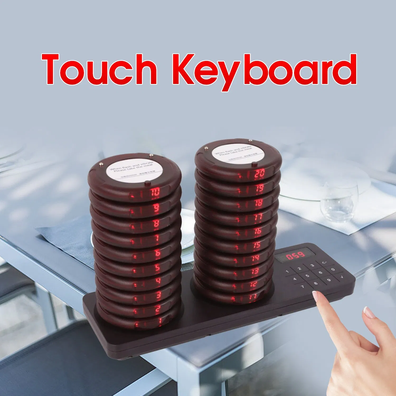 Wireless Restaurant Pager Waterproof Calling System 20 Coaster Buzzers Dual Charging Base