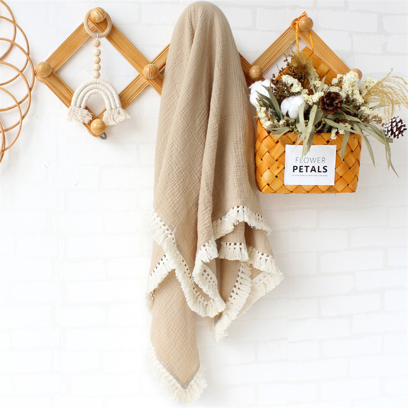 Double Layers Cotton Print Muslin Swaddle with Tassel Trim Baby Blanket
