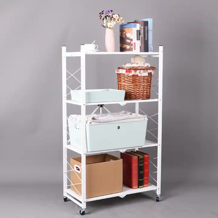 4 Tiers Metal Book Rack Organizer Space Saving Folding Home Kitchen Storage Shelves Rack