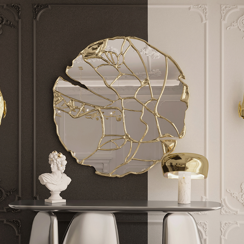 Upscale Villa Modern Home Decor Round Mirror with Artisan Gold Broken Edge Frame