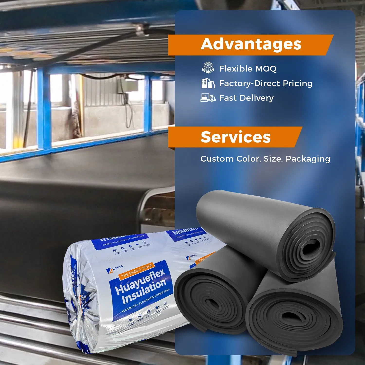 Huayue Closed Cell Nitrile Rubber Insulation Sheet NBR PVC Rubber Foam Insulation Roll with Self-Adhesive Paper