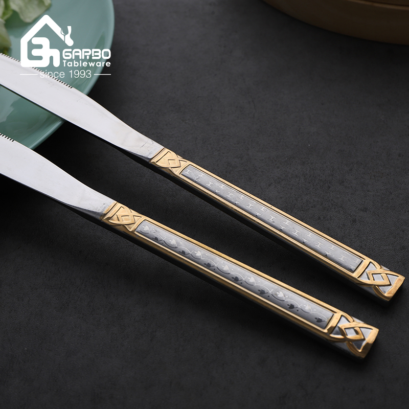 China Supplied 13/0 Stainless Steel Dinner Knife for Meat Food Cutting Luxury Flatware with Gold Handle Table Knife 6PCS PVC Bag Pack Knife Set
