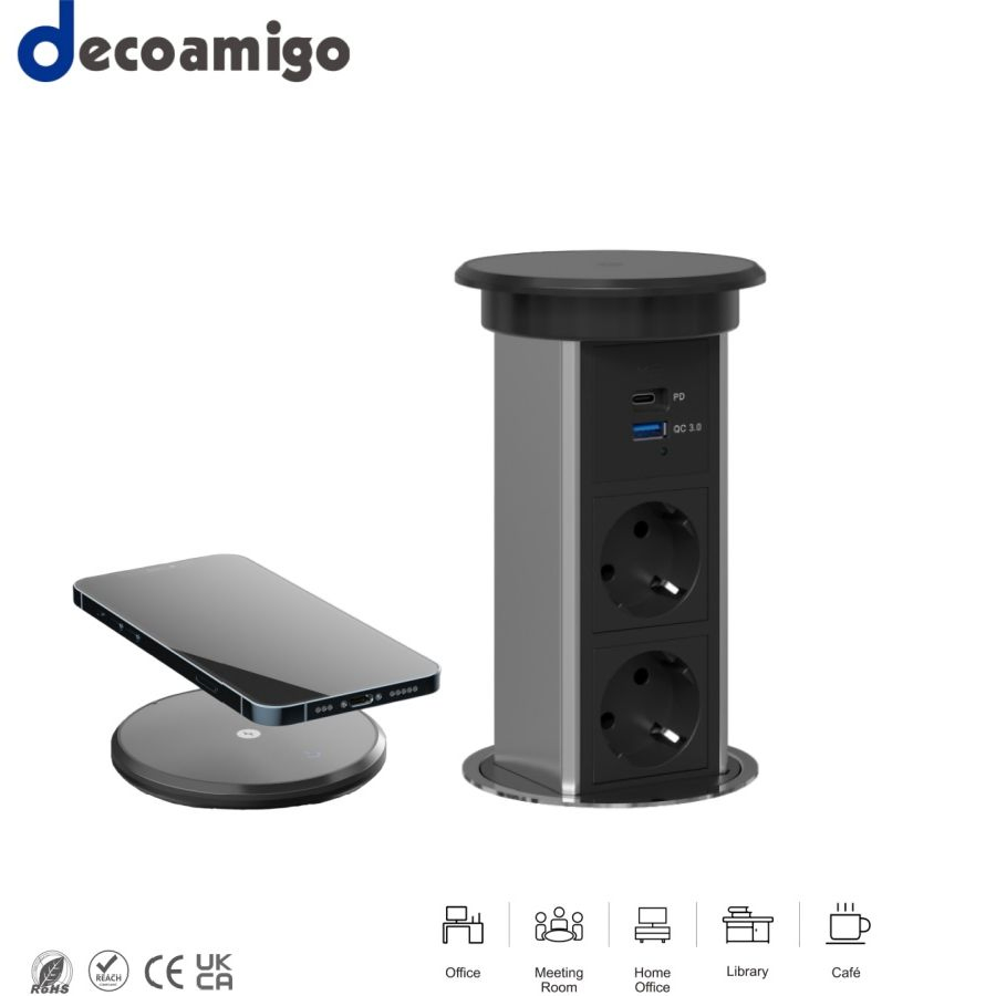 Decoamigo CE Patent Product 15W Wireless Mobile Quick USB Charger Smart Motorized Table Pop up Socket Kitchen Sockets