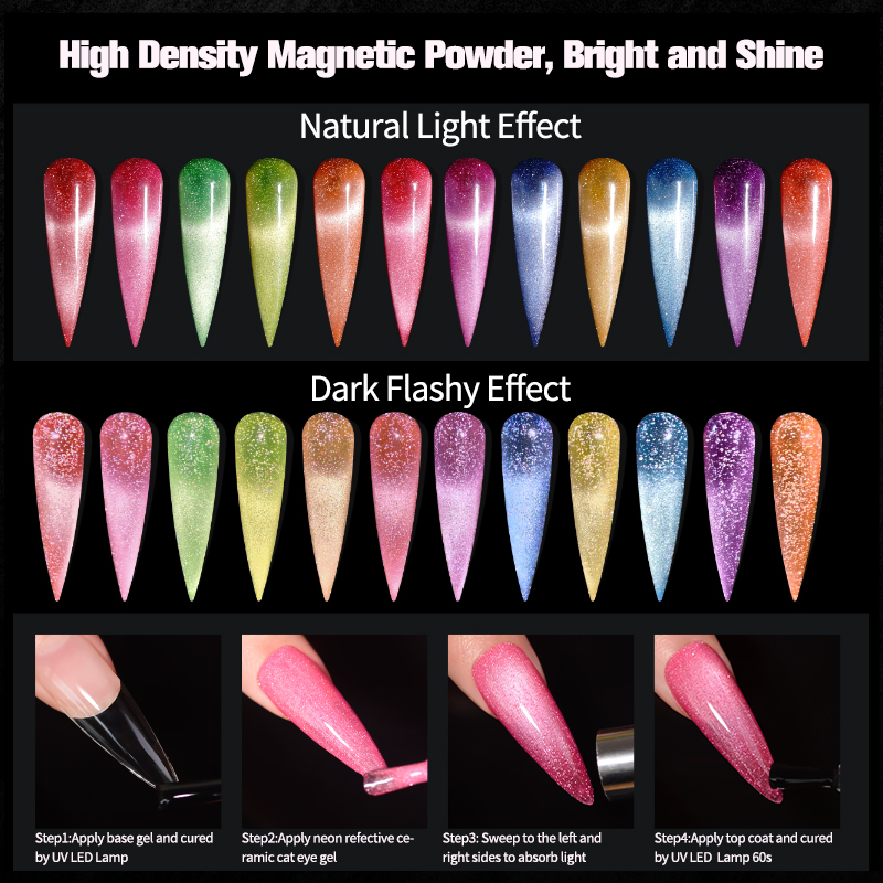 R S Nail Wholesales 8g Neon Reflective Ceramic Cat Eye Gel 12 Colors UV LED Magic Nail Semi Permanent Gel Polish Step Gel