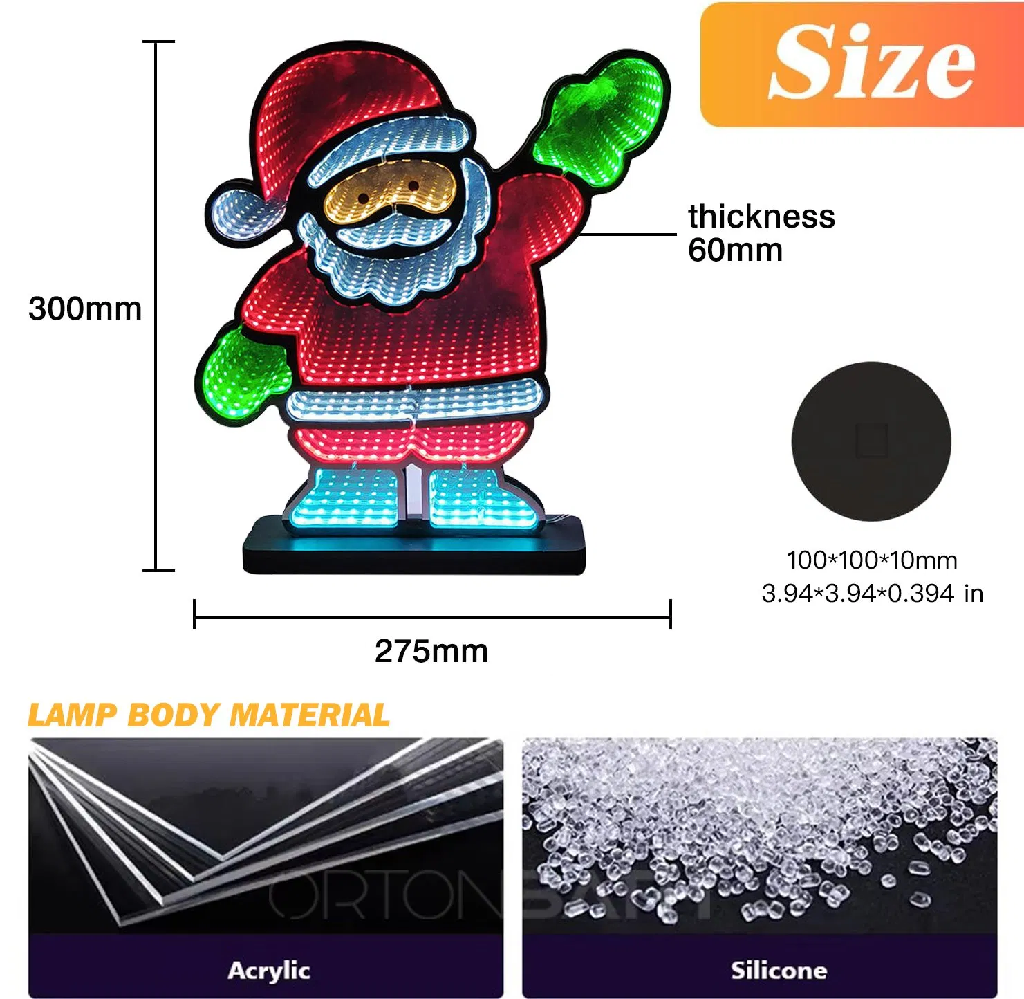 ORTONBATH Infinity Mirror Light USB Powered Santa Claus Seasonal Holiday Decor LED Christmas Decoration 3D LED Infinity Light