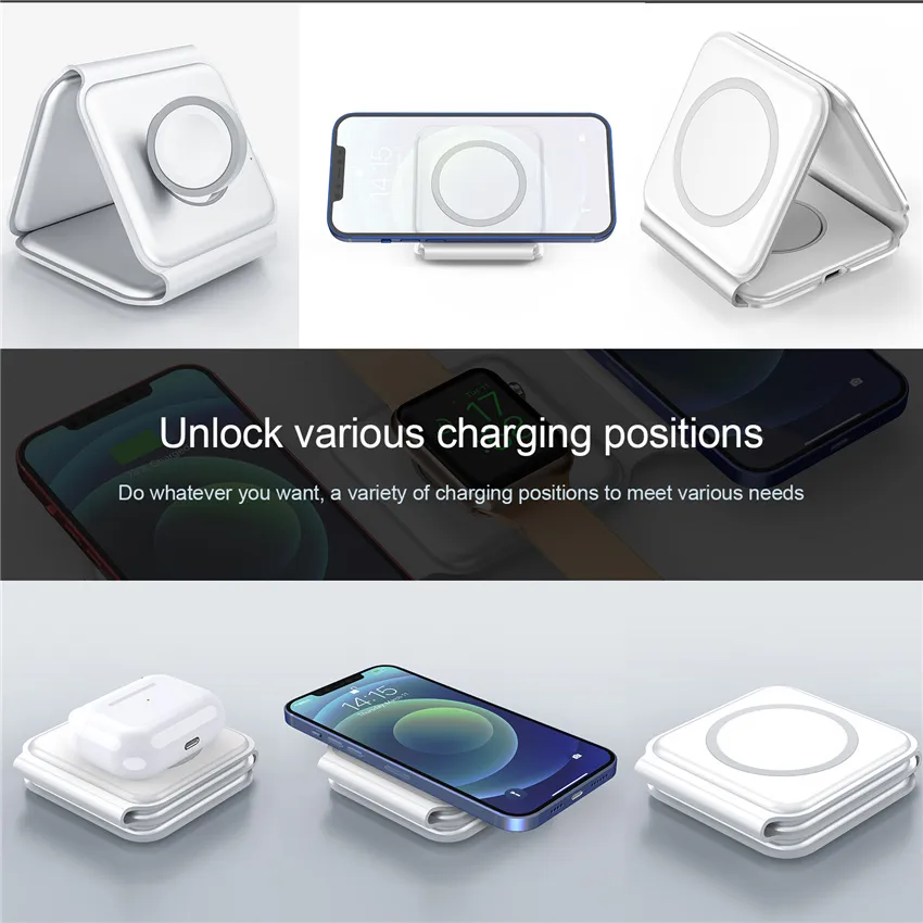 3-in-1 Qi Standard Foldable Magnetic Wireless Charger Charging Station for iPhone Airpods Apple Watch Samsung Phone and Watch