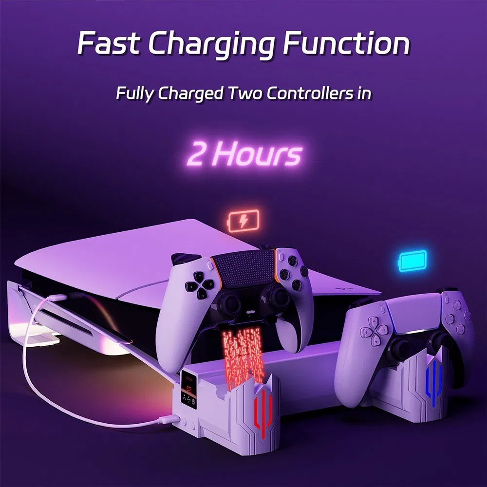 New Multi-Mode RGB Light Dual Controller Charging Station 3-Level Cooling Fan Horizontal Stand for PS5 Slim