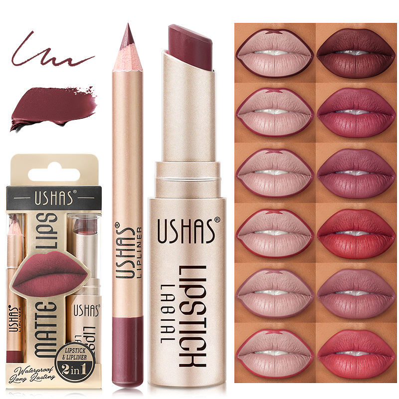 Lip Liner Pencil Strap Non Stick Cup Longlasting Waterproof Matte Lipstick Set 12 Colors