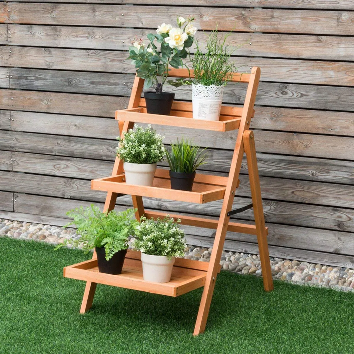 Foldable Timber Plant Stand for Outdoor & Indoor Wooden Shelf Natural