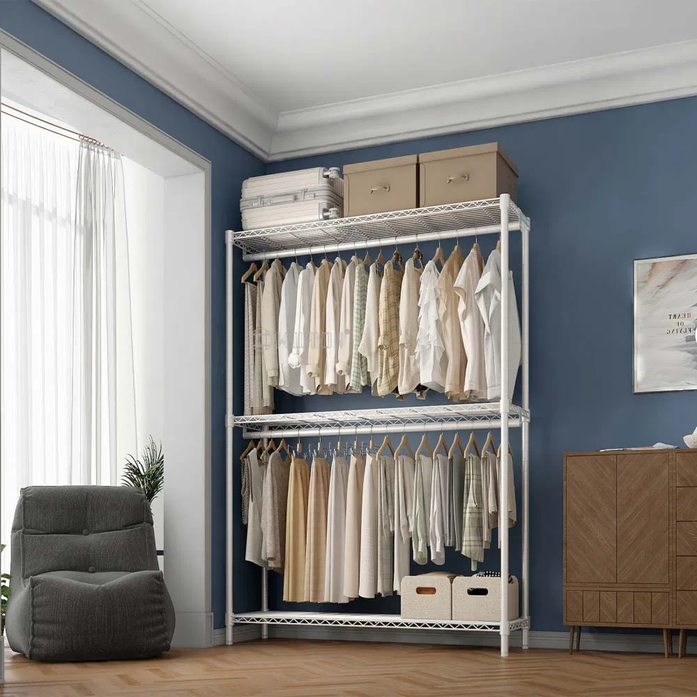 Minimalist Thickened Steel Double-Bar Coat Clothing Garment Rack with 3 Shelves for Home or Hotel Use