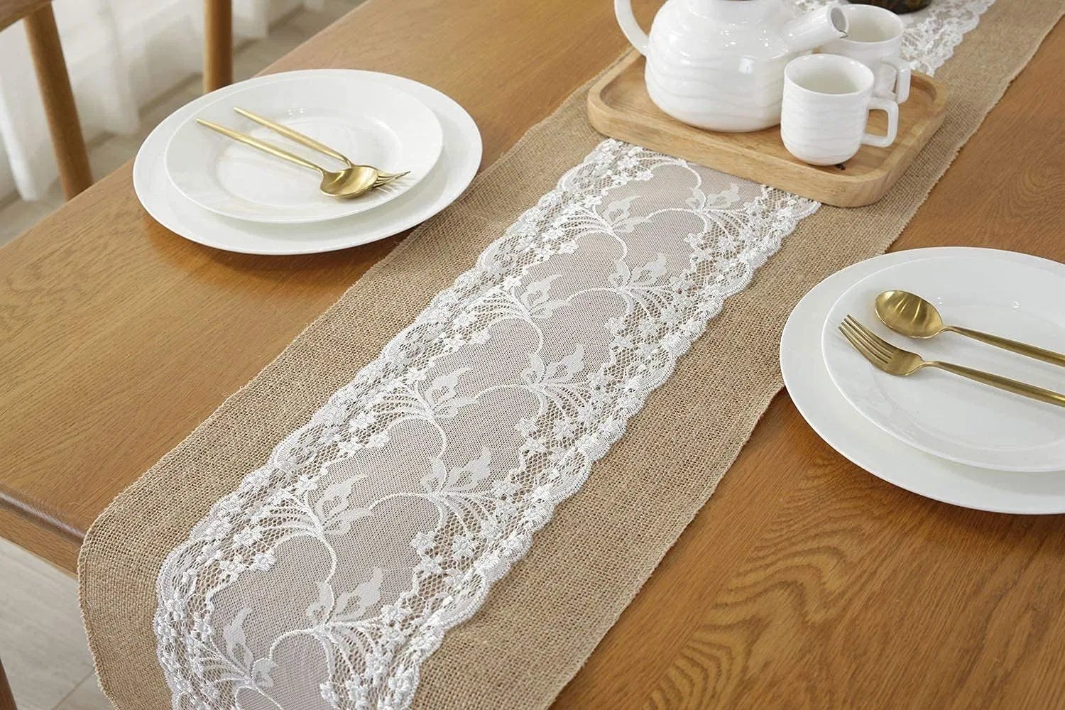 Party Wedding White Lace with Jute Table Runner