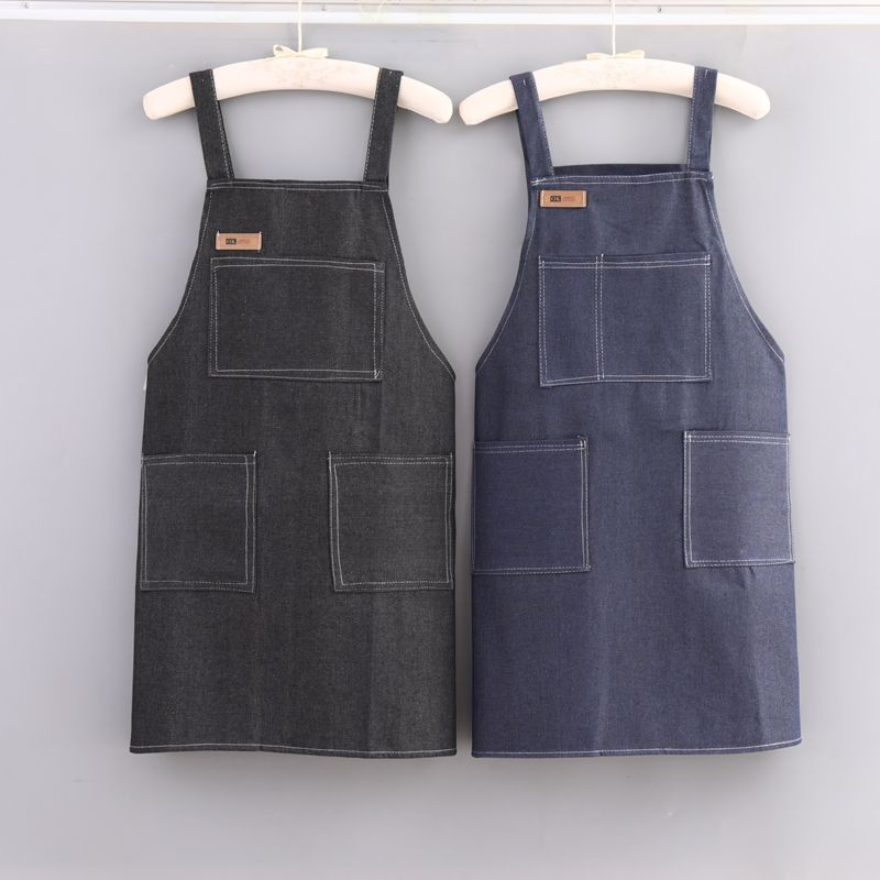 Custom Print Adult Denim Double Shoulder Household Kitchen Cook Chef Bib Apron with Pockets