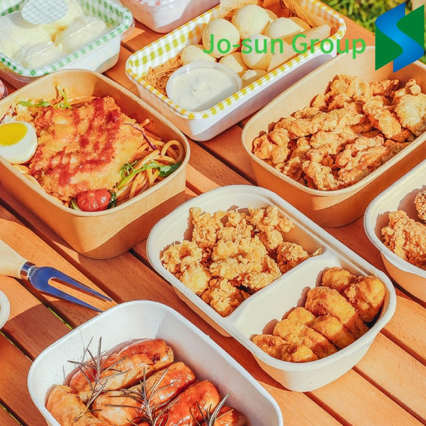 Jo-Sun Disposable Natural Printed Rectangle Take Away Kraft Paper Soup Salad Bowl with Lid