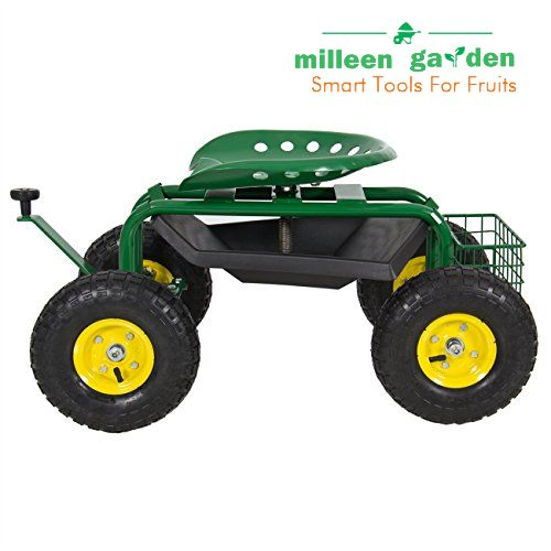 Garden Type Stool on Wheels Seat Cart Tractor Scoot with Bucket Basket