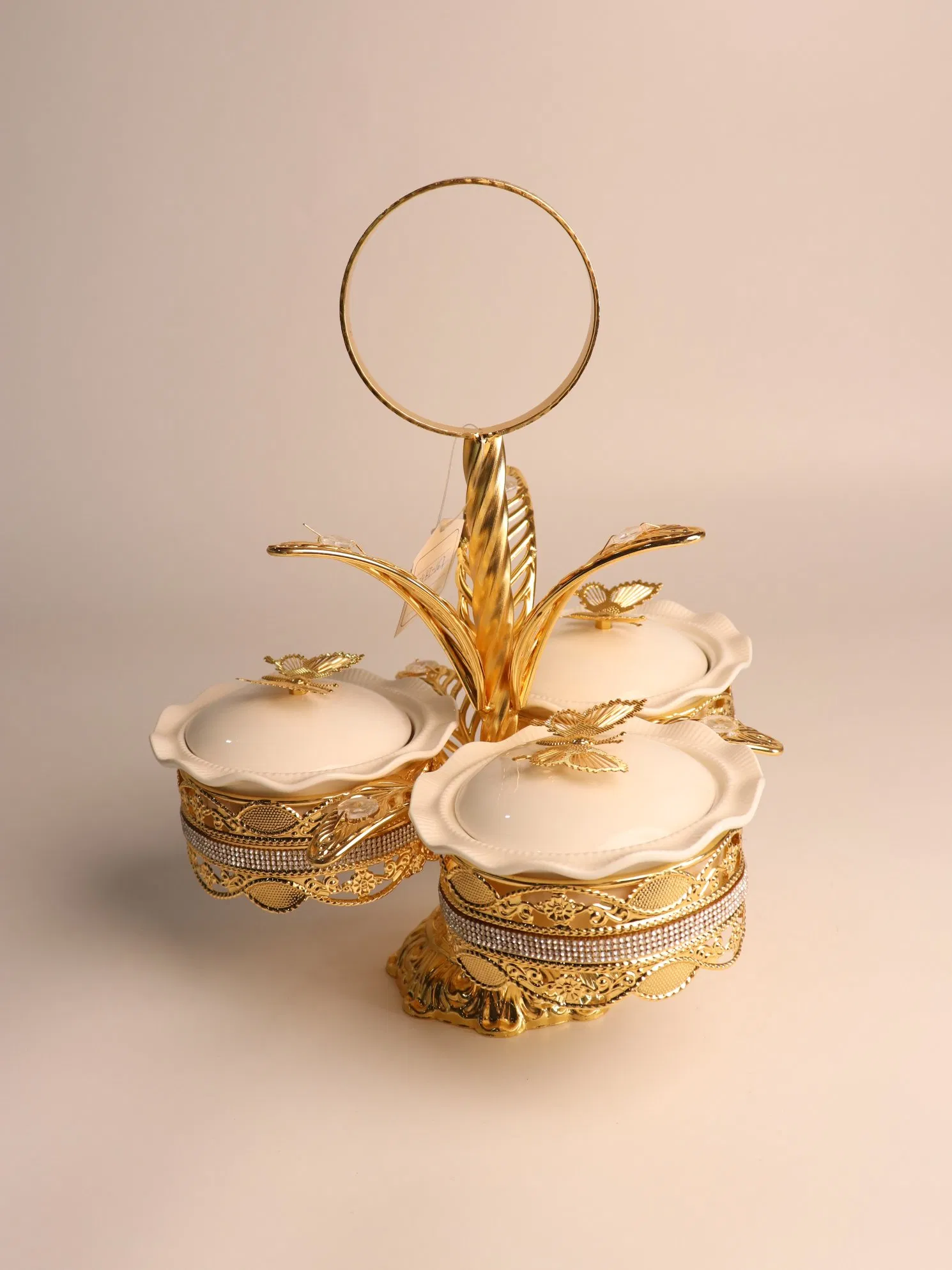 New High-End Gold-Plated Iron Strip with 3 Ceramic Bowls