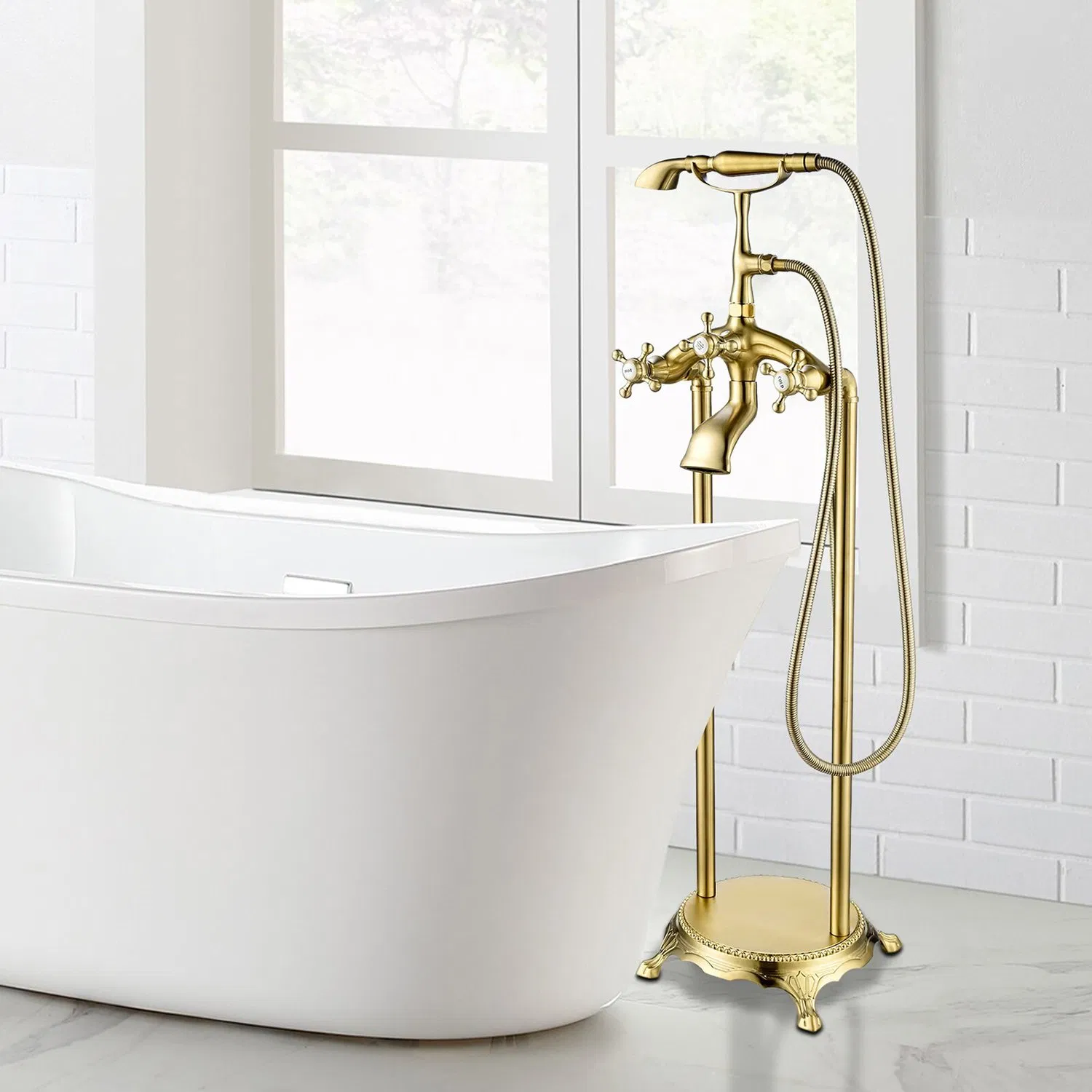 Traditional Floor Stand Faucets Dual Handles Freestanding Antique Shower Bath Tub Faucet