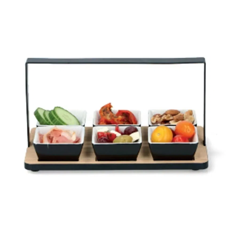 7 PCS Wooden Appetizer Serving Snacks Dips Platter Tray Set with Metal Holder Kids Olives, Nuts Dips, Snacks Serving Tray