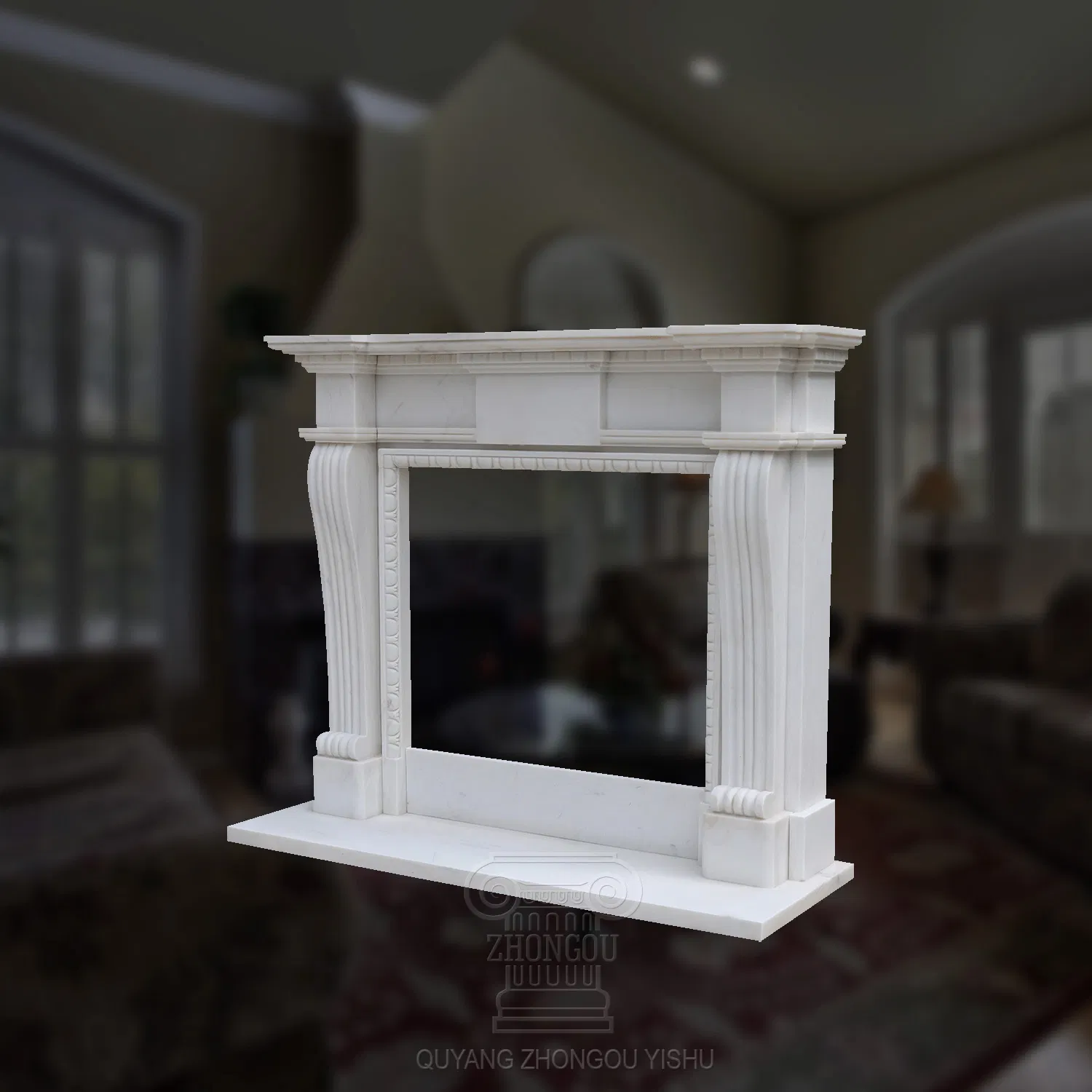 Carved White Marble Fireplace with Patterns for Indoor Room Decoration