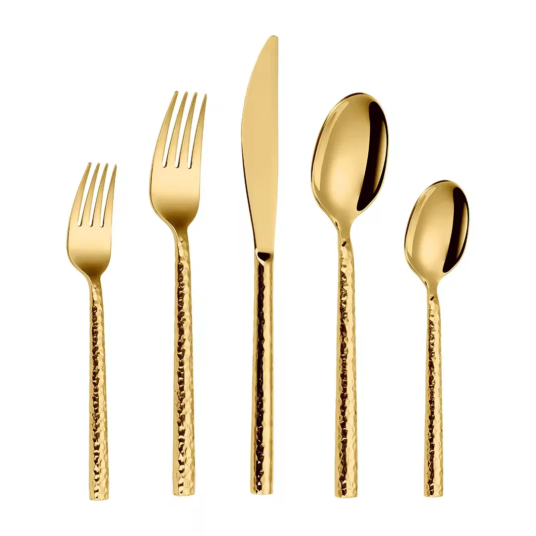 High Quality Stainless Steel 18/10 Hand Forged Spoons and Forks Gold Flatware Set Heavy Duty Hammered Cutlery