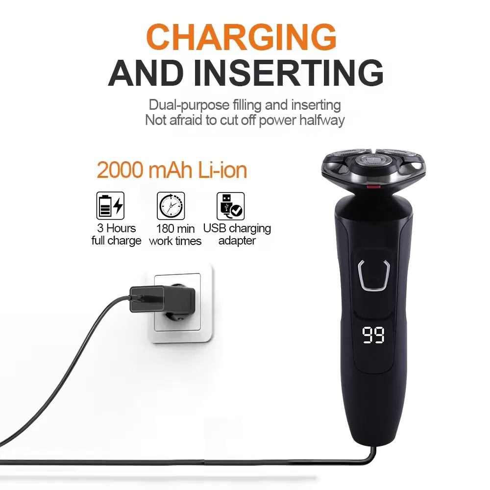 LCD Display Electric Beard Rotary Shaver with Triple Blade Shaver