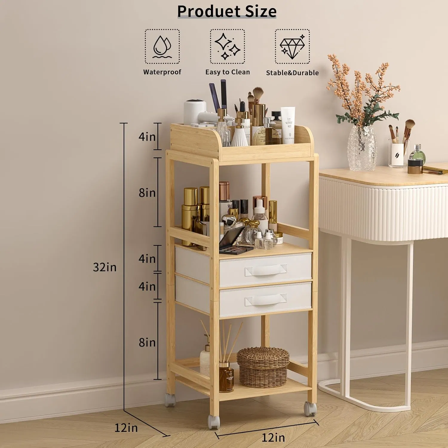 Multi Purpose Bamboo Storage Rack with Wheeled Fabric for Skincare Products