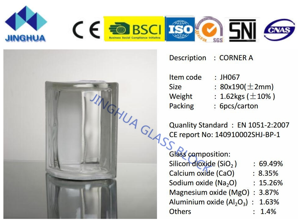 High Quality Jinghua Corner Block - a 190X80mm Glass Block/Brick