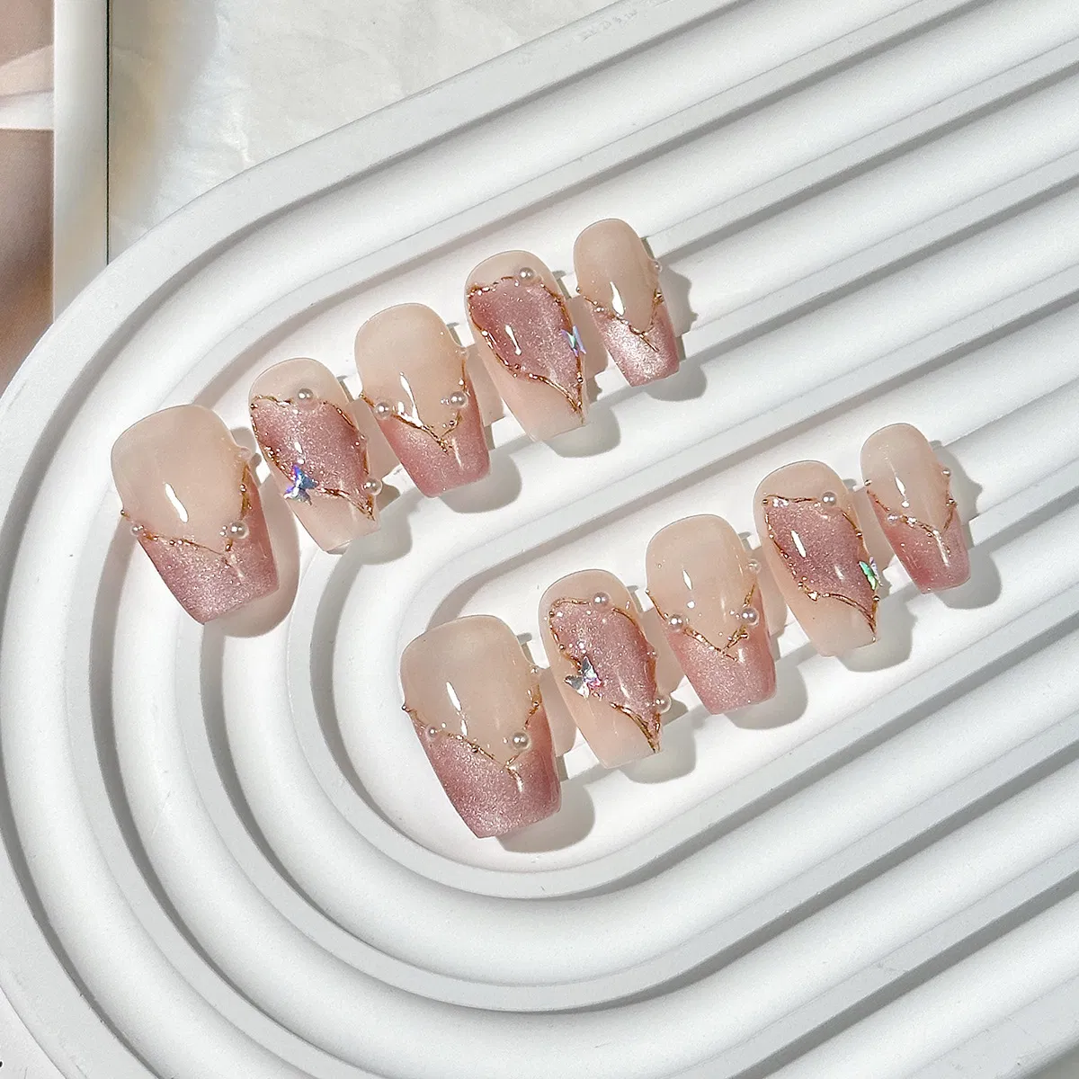 Wholesale Artificial Fingernails Pink 3D Flower High Quality False Nails Art