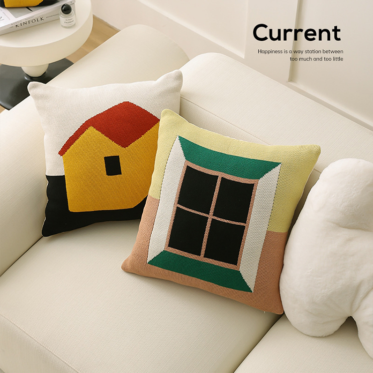 Living Room Sofa Cushion Cover Knitted Jacquard House Window Pattern Cotton Thread Pillowcase