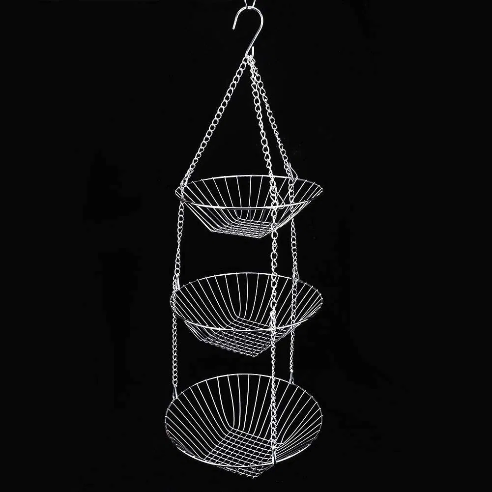 Stainless Steel 3-Layers Hanging Fruit Vegetable Flower Basket Storage Holder Home Decoration Basket Kitchen Hanging Rack Esg12289