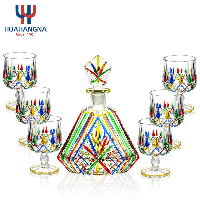 Luxury 7PCS Classic Style Wine Glass Decanter with Glass Cups Set Rainbow Color Whisky Glass Decanter Sets for Drinking