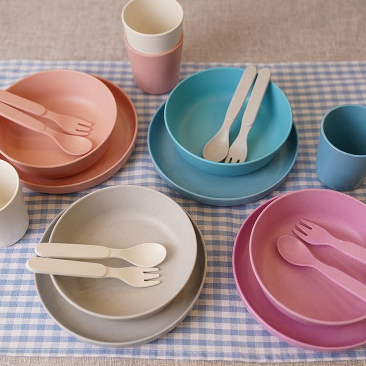 Bamboo Fiber Children Spork Spoon Dinner Plate Cup 5 Pieces Tableware Set