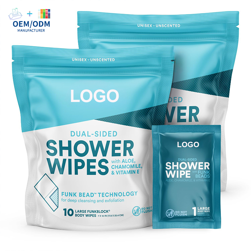 OEM Individually Wrapped Large Size Body Wipes 180mm*260mm Polyester 10 Pieces Per Pack Ultra-Thick Disposable Rinse Free Dual-Sided Shower Wipes with Sealable