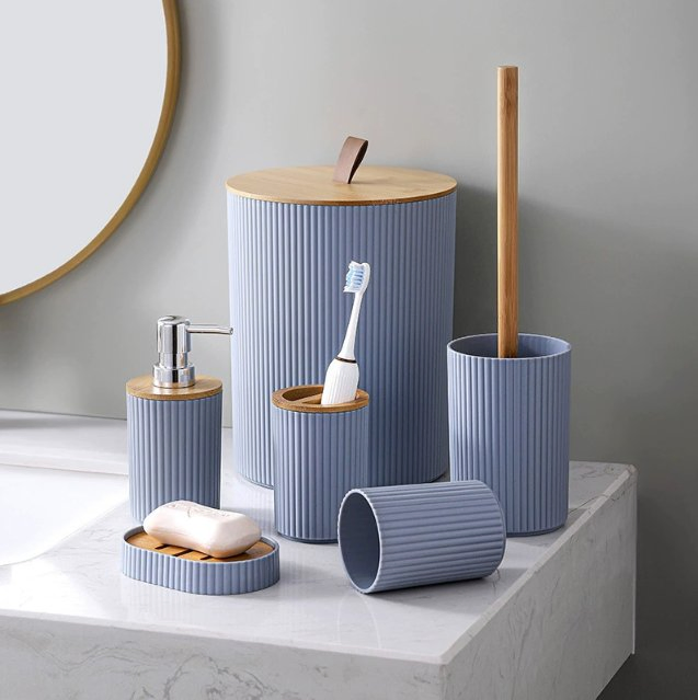 Bathroom Accessories Set 6PCS Toilet Brush, Trash Can & Soap Dispenser