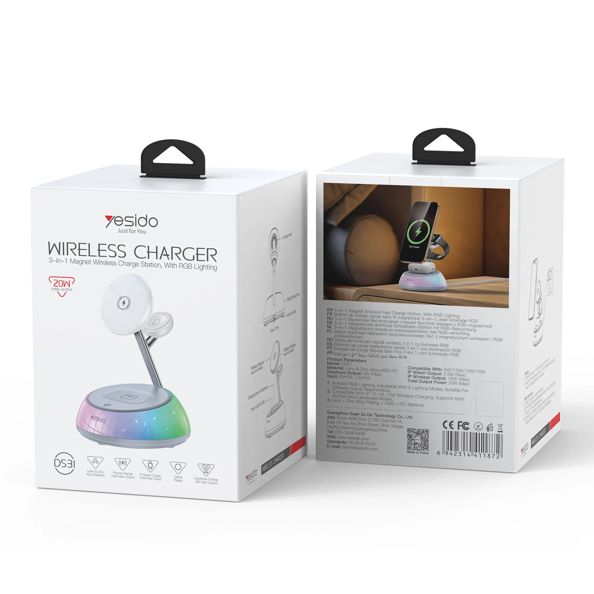 Yesido Ds31 3 in 1 Wireless Charging Station Phone Watch Earphone Magnetic Wireless Charger with Night Light