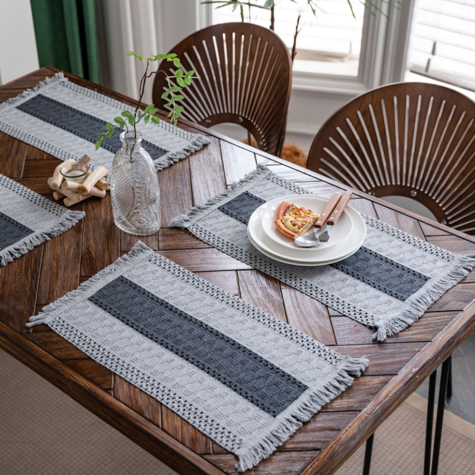 Xinlan Woven Jute Placemats Set Colorful Striped Table Mats with Tassels for Holiday Dining Boho Style Kitchen Decor