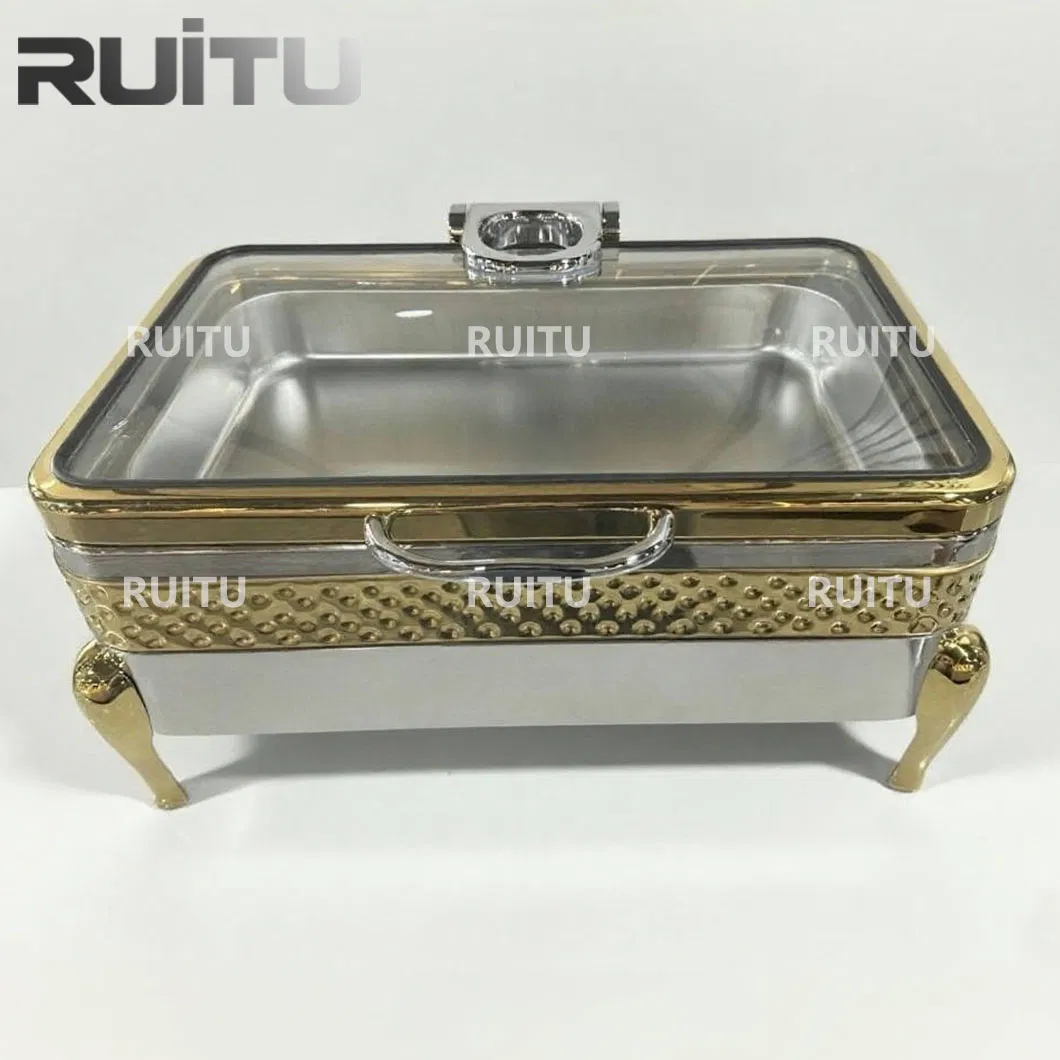 Five Star Hotel Rectangle Gold Chafers 18/10 Stainless Steel Chafing Dish Food Warmer Sets with Glass Lid