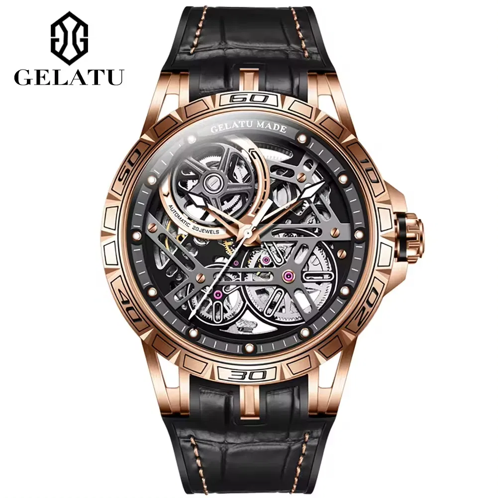 Stock Gelatu 6015 Custom OEM Skeleton Luminous Luxury Tourbillon Waterproof Automatic Watch Mechanical Men Watch