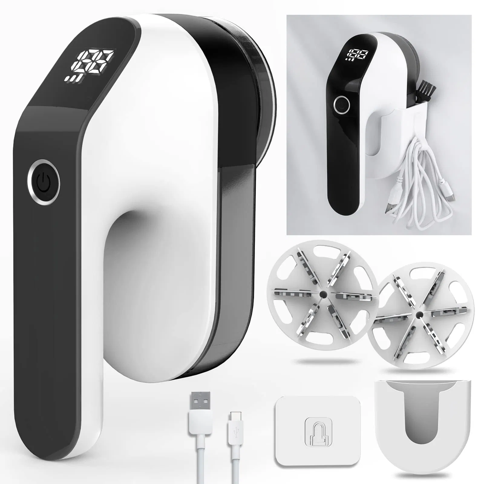 3-Speeds LED-Digital-Display 2-Replaceable 6-Leaf-Blades Wall-Mounted Storage-Box Rechargeable Fabric Shaver Electric Lint Remover