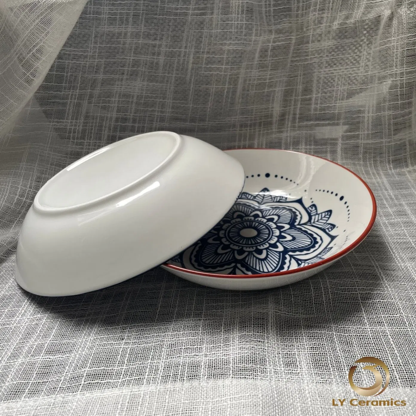 Eco-Friendly 8"Soup Plate Pad Printing blue Red Flower Porcelain Ceramic Kitchenware Tableware