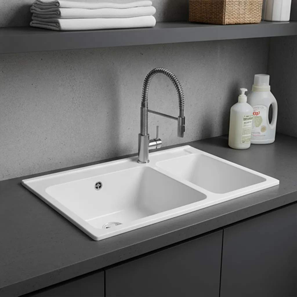 Stylish White Acrylic Double-Bowl Laundry Sink for Contemporary Homes