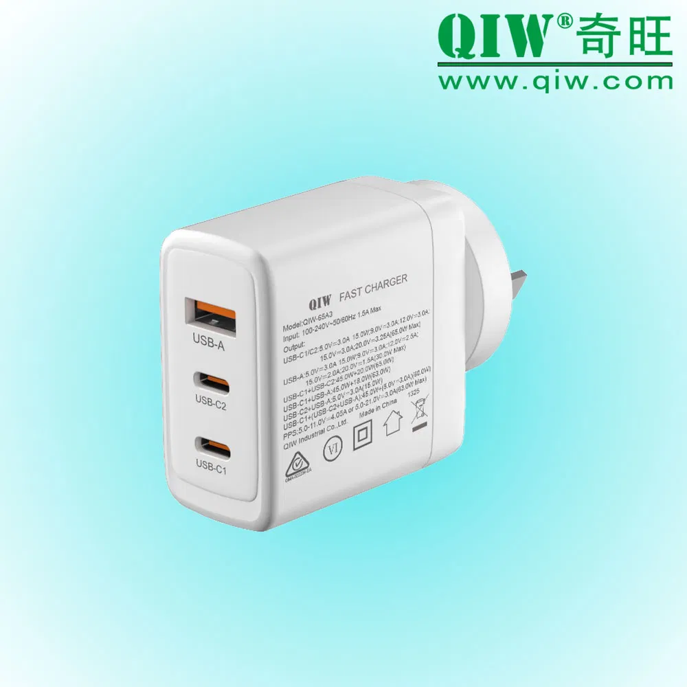 Qiw USB C Charger SAA Rcm Pd USB-C Charger GaN Charger 45W 65W PPS Fast Charger for Au Aus Australia Laptop Tablet Smartphone 20V 2.25A 3.25A as 62368-1