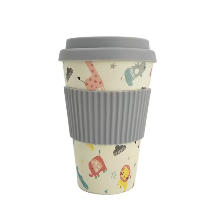 Eco-Friendly Takeaway Bamboo Fiber Coffee Cup Mug with Silicone Lid and Sleeve