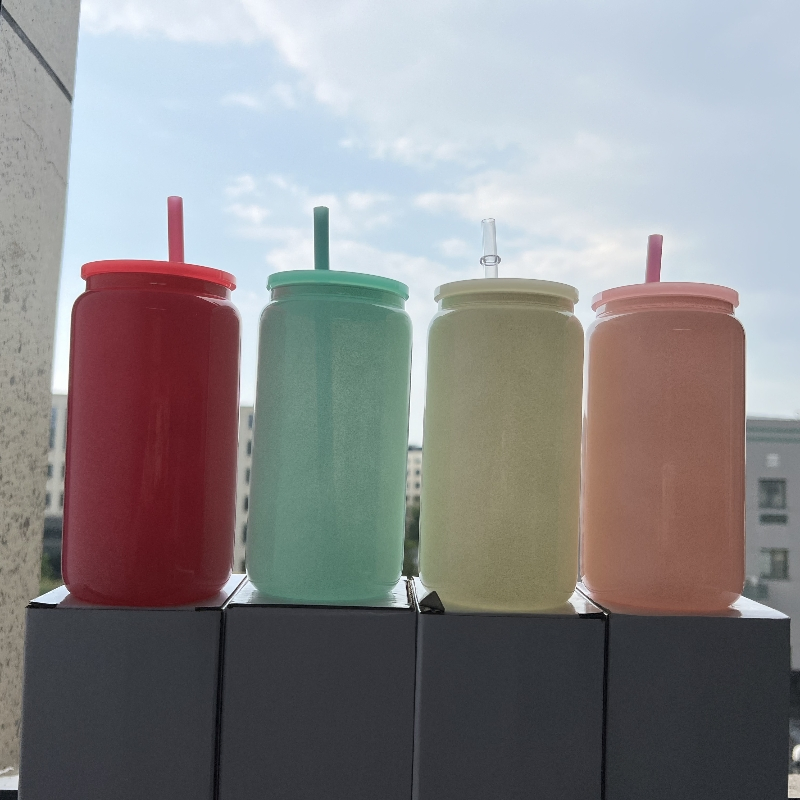 Blank White Pink 16oz Glitter Holographic Shimmer Sublimation Glass Can with PP Plastic Lids and Straws