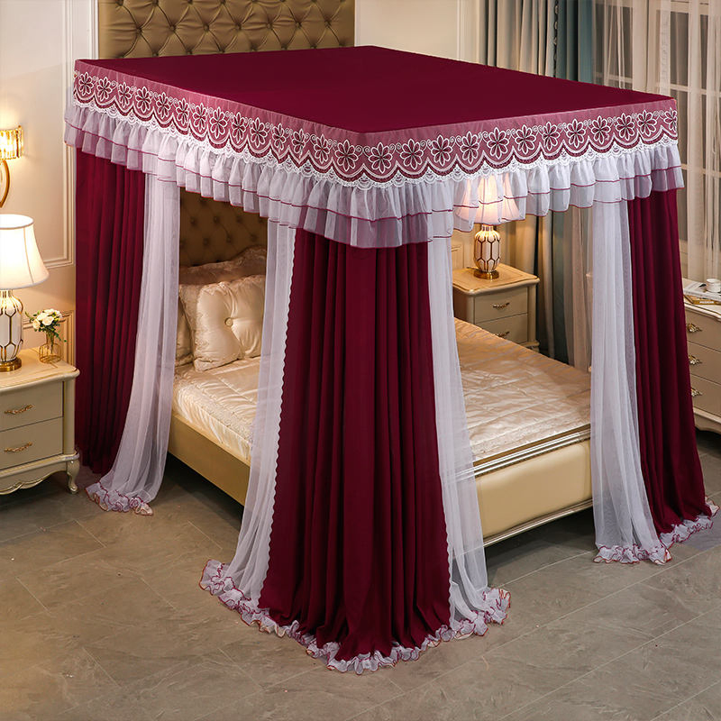 Double Pole Triple Door Bed Curtain Mosquito Net Princess Air Floor Bed Curtain Bed Curtain Lace Stainless Steel Bracket