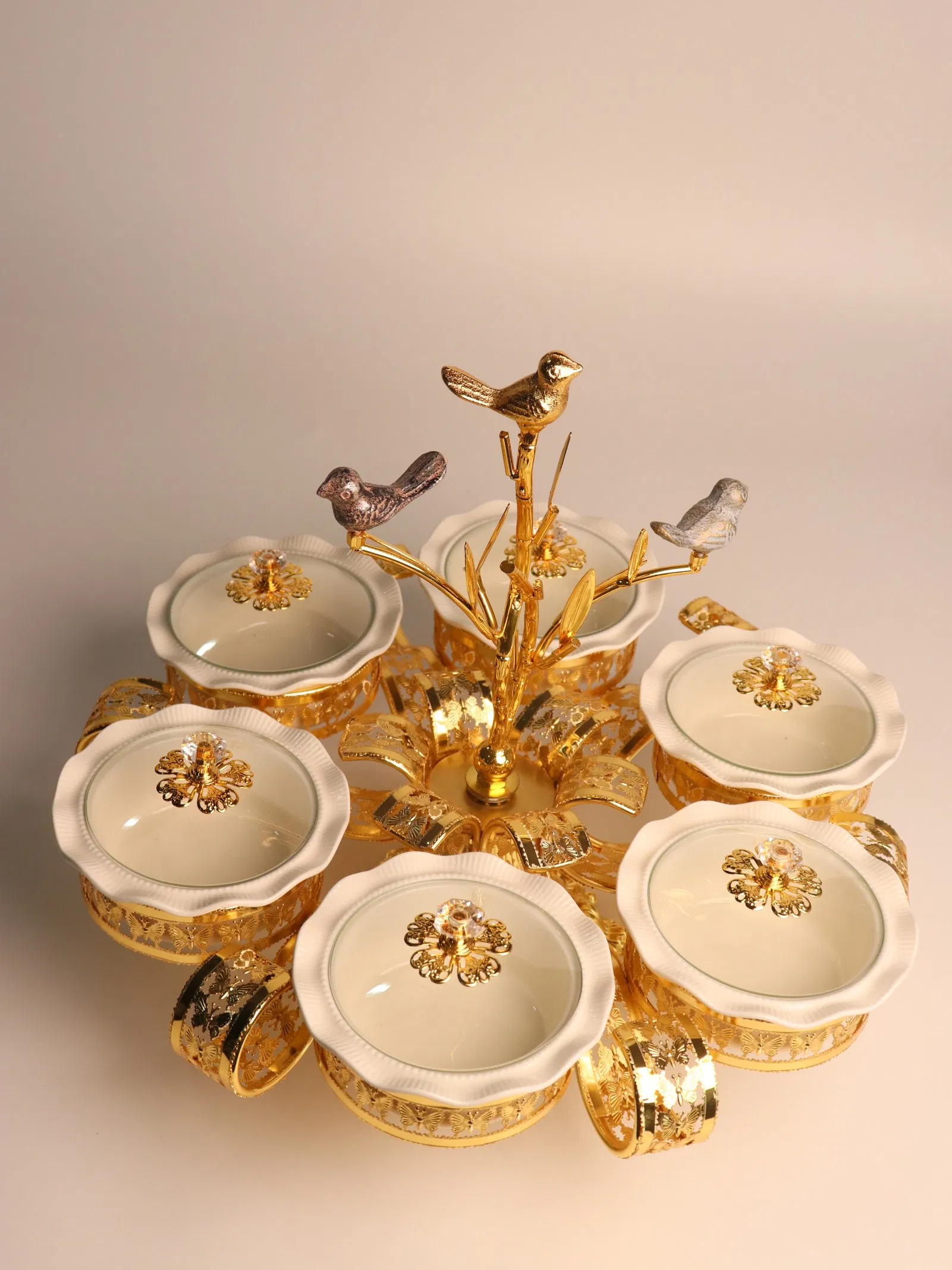 Home Ornament Gold-Plated Iron Frame with Large Size 6-Panel Ceramic Bowl
