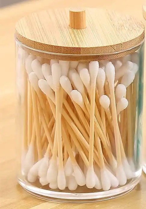 PS Acrylic Organizer Cotton Swab Ball Pad Bud Holder, Qtip Jar Clear with Bamboo Lids