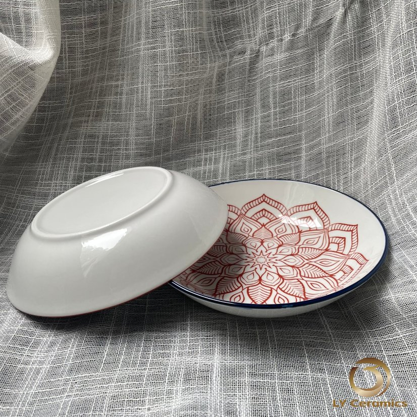 Eco-Friendly 8"Soup Plate Pad Printing blue Red Flower Porcelain Ceramic Kitchenware Tableware