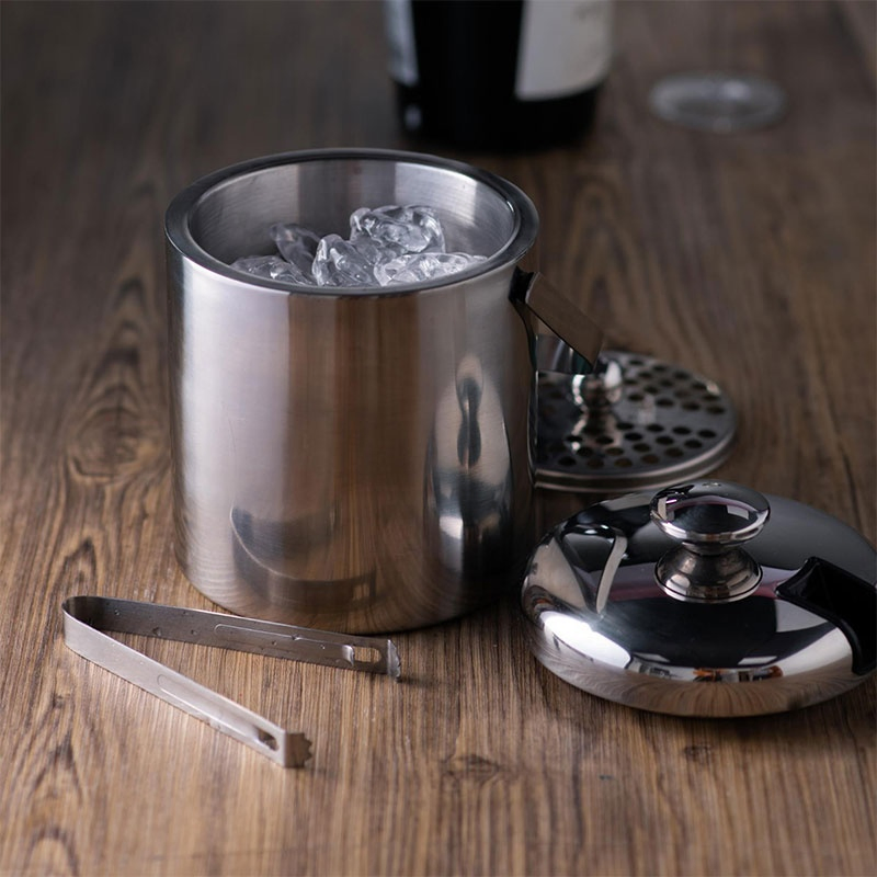 Ice Bucket with Double-Walled Insulated Stainless Steel Champagne Cooler Ice Cube Container with Lid and Tongs for Storing Ice